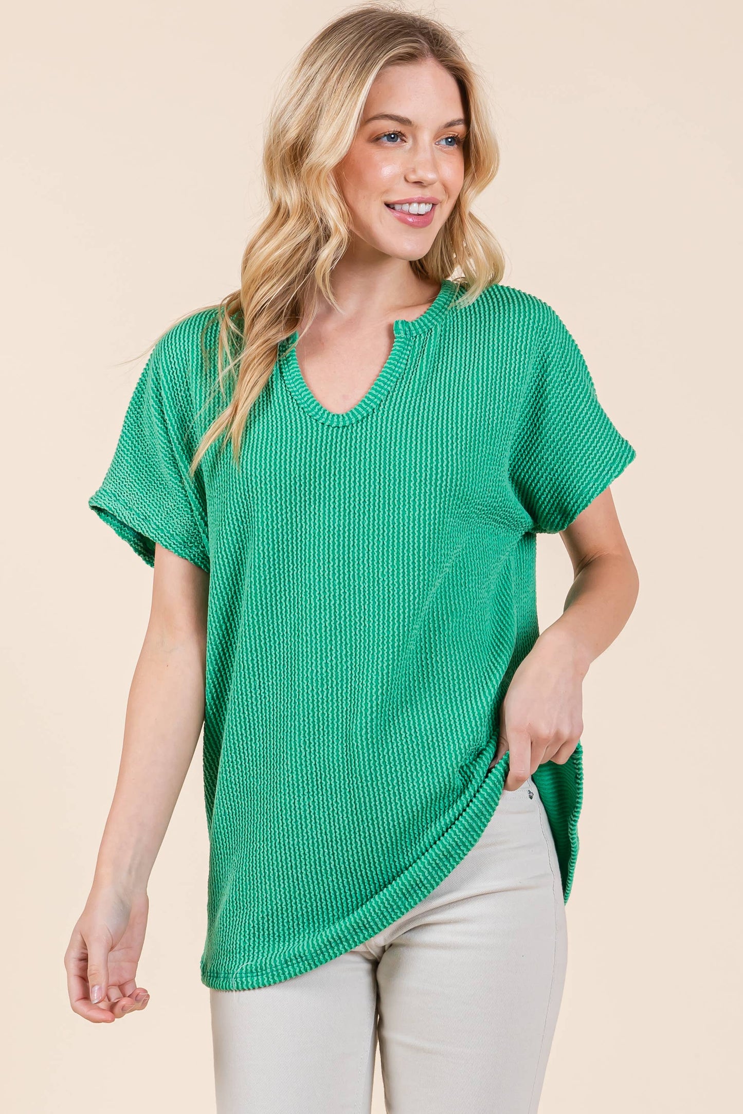 NOTCHED NECKLINE RIBBED SHIRT