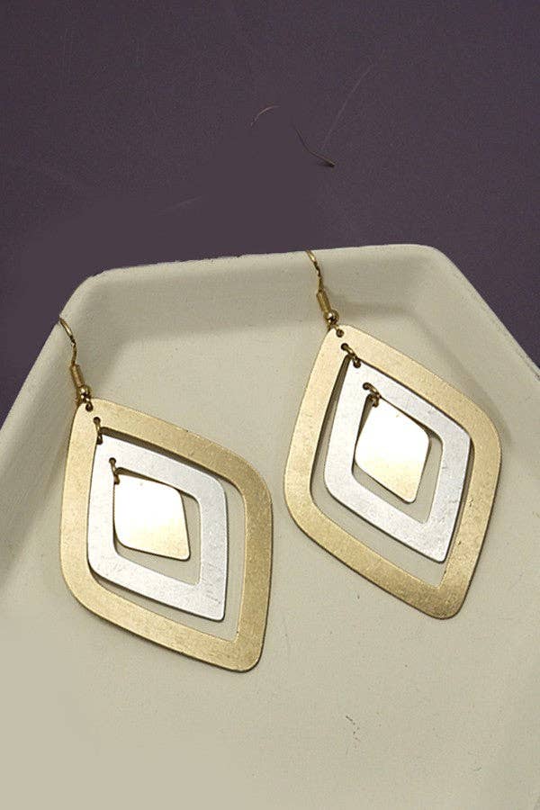 GEO TWO TONE LAYER DIAMOND SHAPE DROP EARRINGS