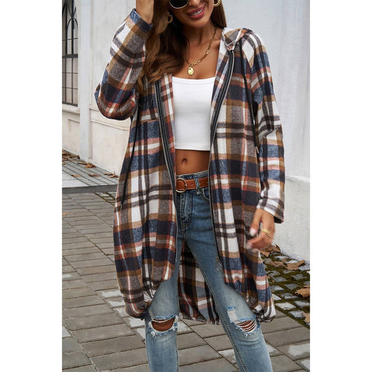 Zip Plaid Hood Long Corduroy Flannel Trench Coat