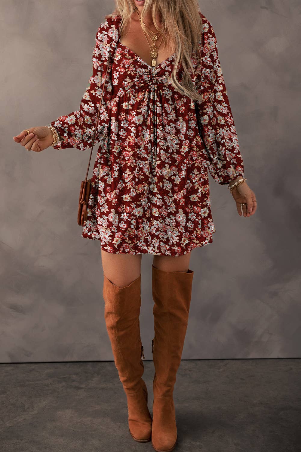 BOHO Fall Floral Sweetheart Neck Dress