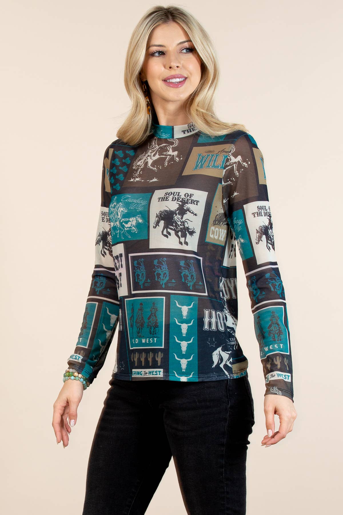 Teal Cowboy Party Mesh Print Mock Neck