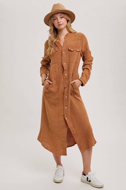 WASHED DENIM MIDI BUTTON DOWN SHIRT DRESS