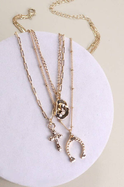 TRIO LAYER HORSESHOE HAT CROSS CHARM NECKLACE