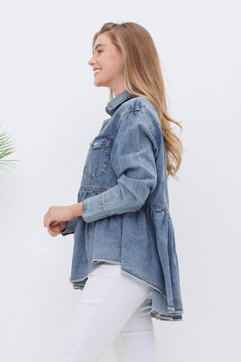 Washed Chambray Western Yoke Snap Open Peplum Top