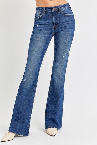 MID RISE FLARE SMALL DISTRESSED LONG JEANS