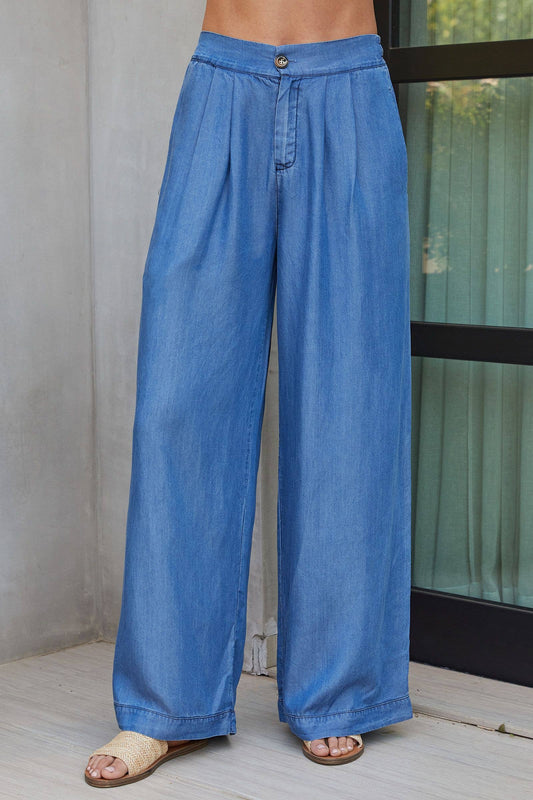 TENCEL TROUSERS WIDE LEG CHAMBRAY PANTS