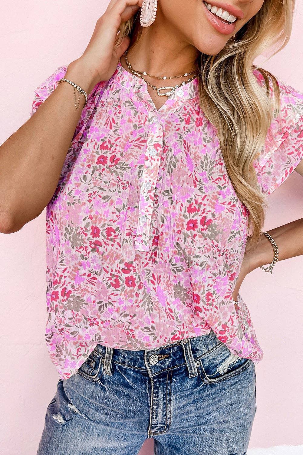 Multicolor Floral Mandarin Collar Top