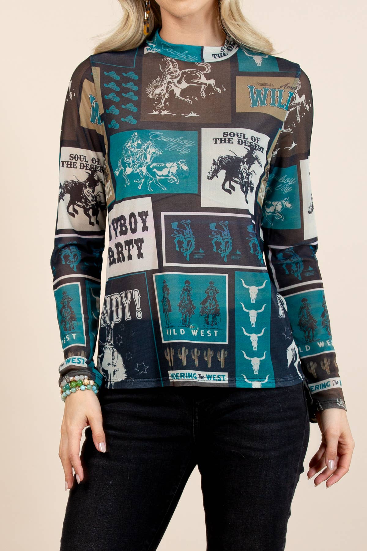 Teal Cowboy Party Mesh Print Mock Neck