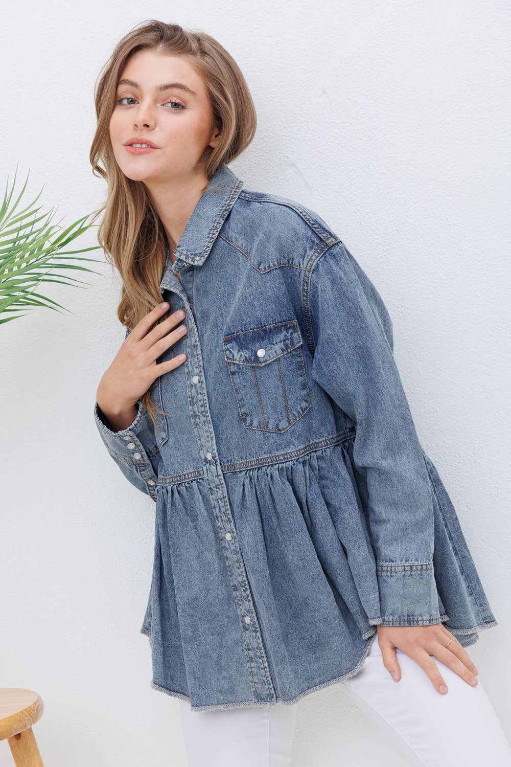 Washed Chambray Western Yoke Snap Open Peplum Top