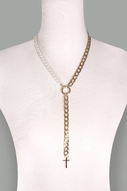 Y CROSS DROP HALF PEARL GOLD NECKLACE