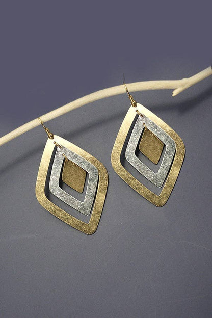 GEO TWO TONE LAYER DIAMOND SHAPE DROP EARRINGS