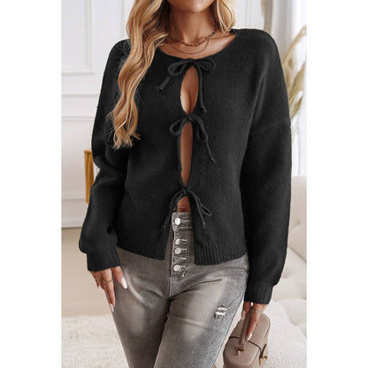 Knit Tied Round Neck Dropped Shoulder Cardigan