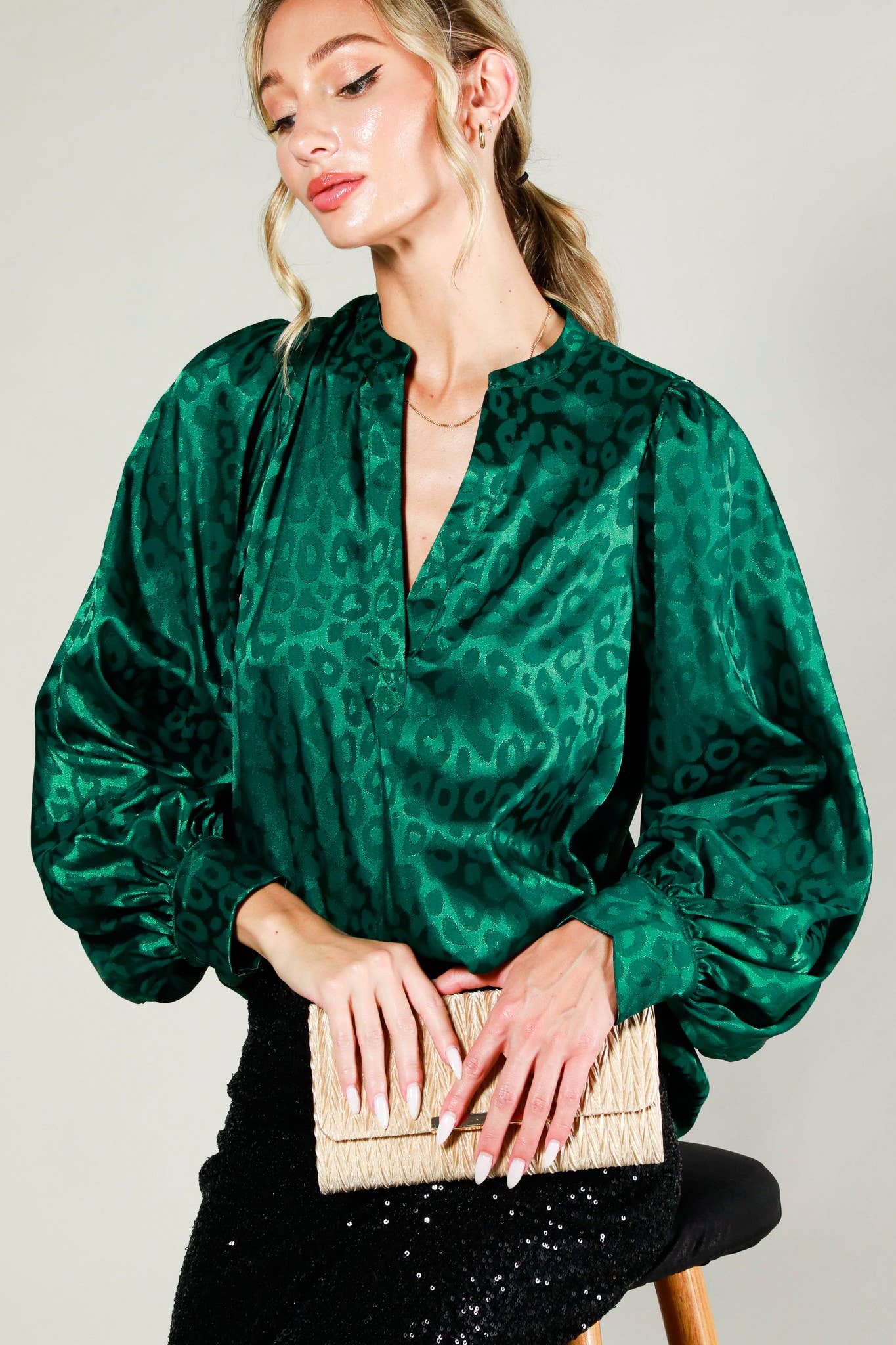 Henley Neck Balloon Sleeve Satin Top