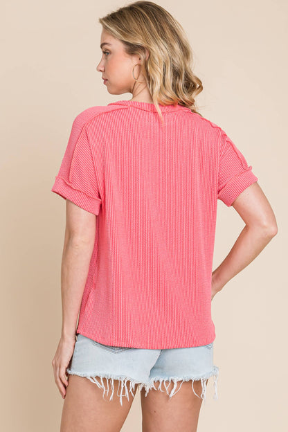 NOTCHED NECKLINE RIBBED SHIRT: WATERMELON