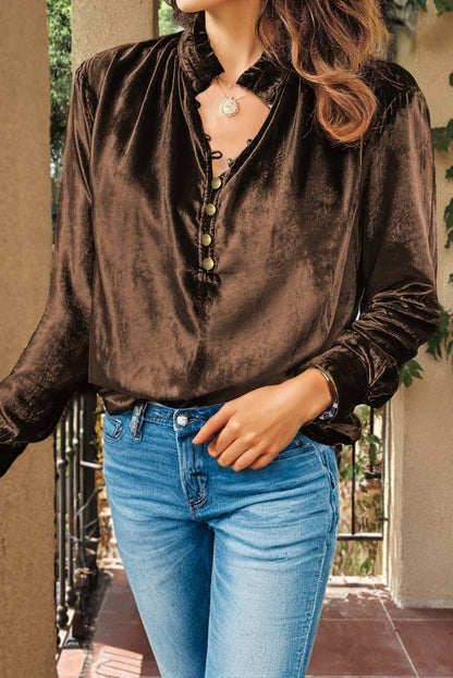 Frilled Neck Buttoned Front Velvet Top