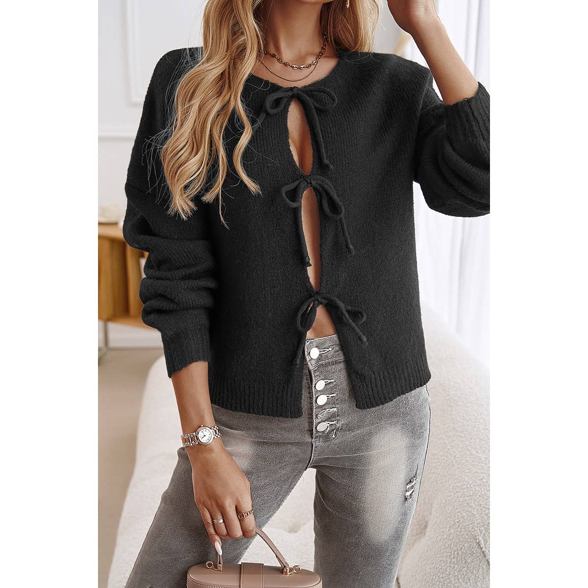 Knit Tied Round Neck Dropped Shoulder Cardigan