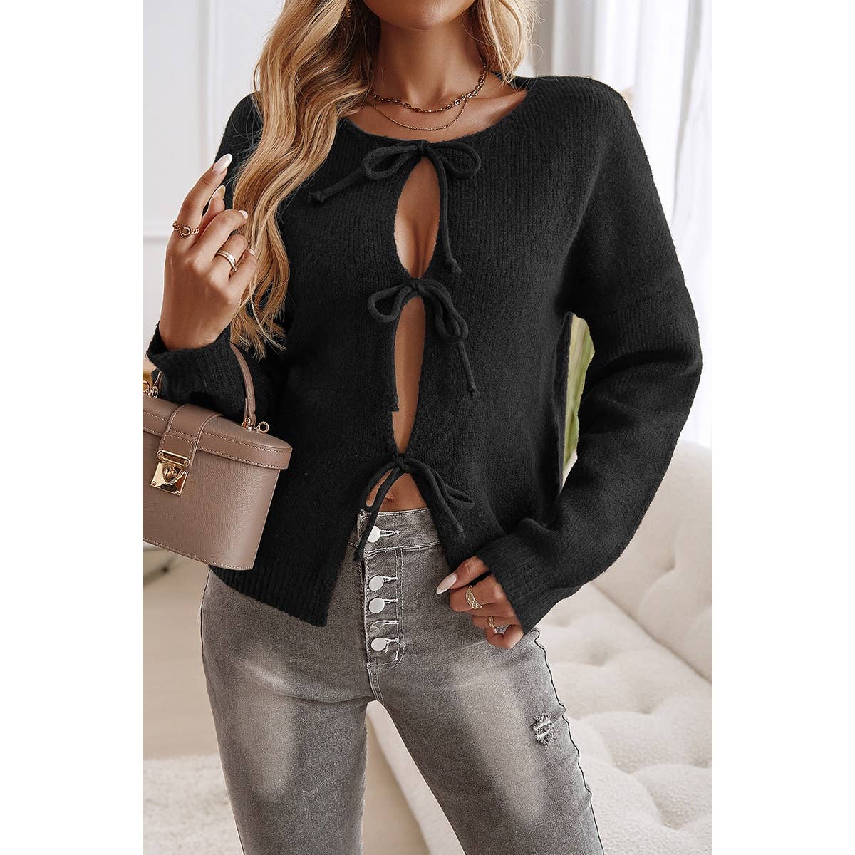 Knit Tied Round Neck Dropped Shoulder Cardigan