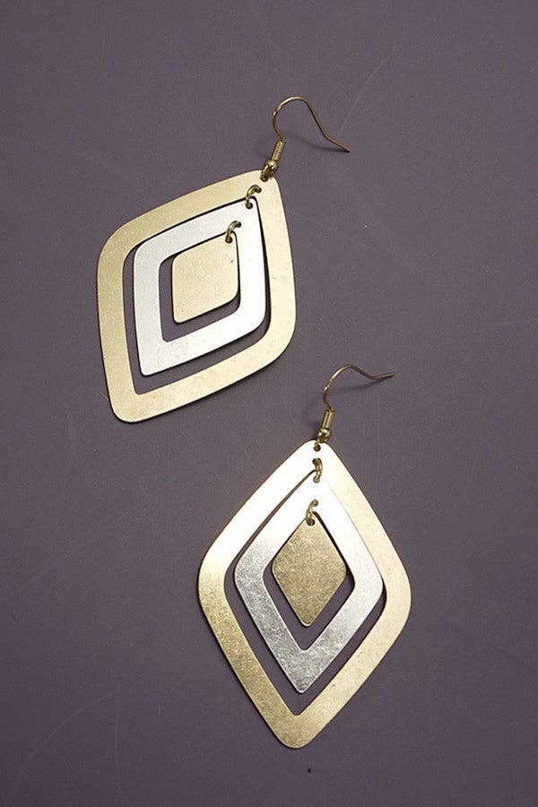 GEO TWO TONE LAYER DIAMOND SHAPE DROP EARRINGS