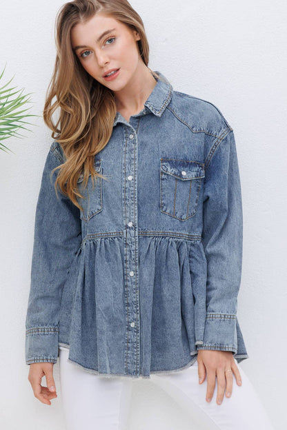 Washed Chambray Western Yoke Snap Open Peplum Top