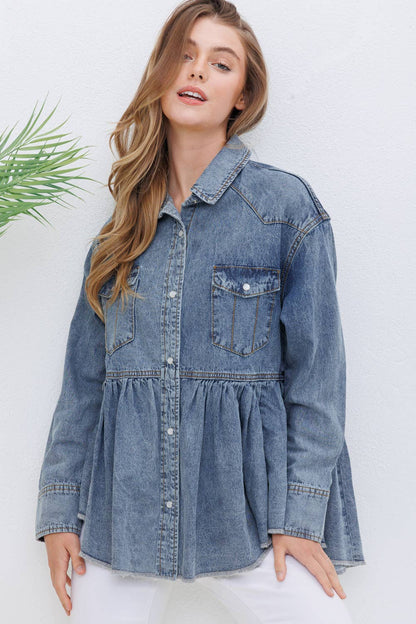 Washed Chambray Western Yoke Snap Open Peplum Top