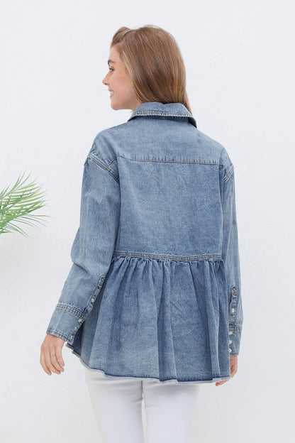 Washed Chambray Western Yoke Snap Open Peplum Top