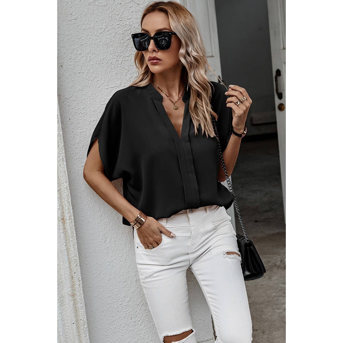 V Neck Solid Loose Fit Half Sleeve Blouse