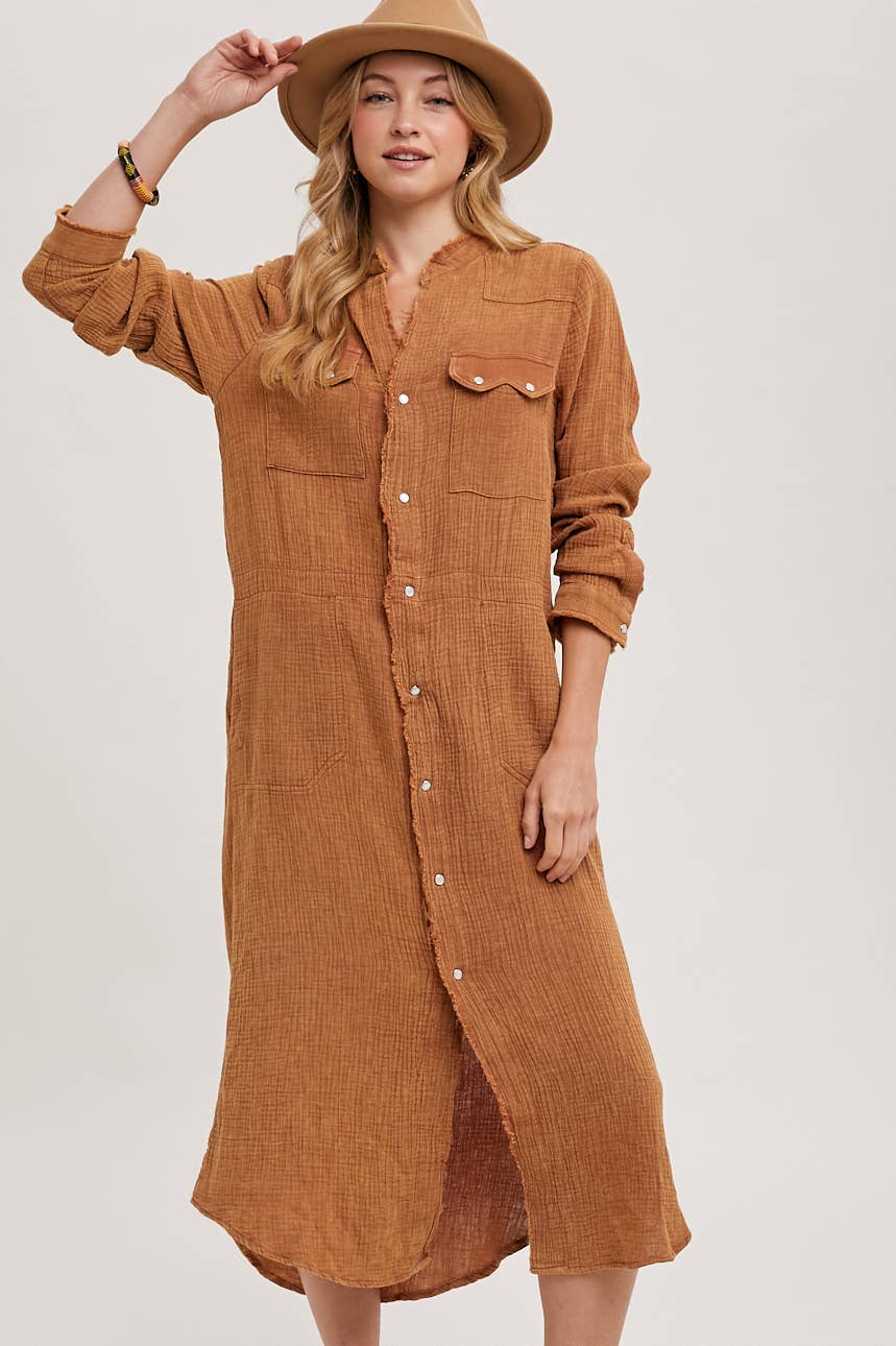 WASHED DENIM MIDI BUTTON DOWN SHIRT DRESS