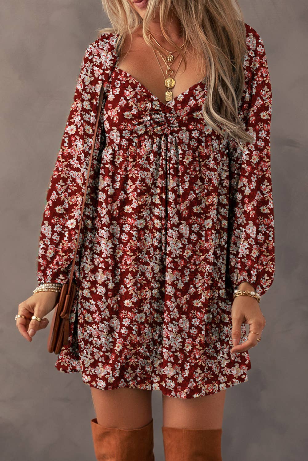 BOHO Fall Floral Sweetheart Neck Dress