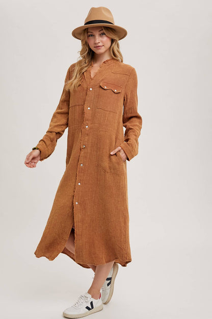 WASHED DENIM MIDI BUTTON DOWN SHIRT DRESS