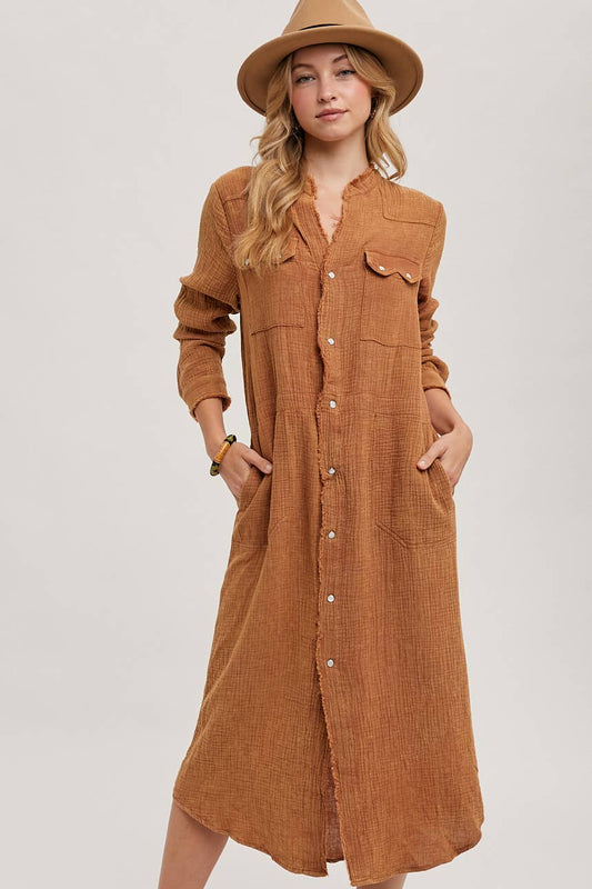 WASHED DENIM MIDI BUTTON DOWN SHIRT DRESS