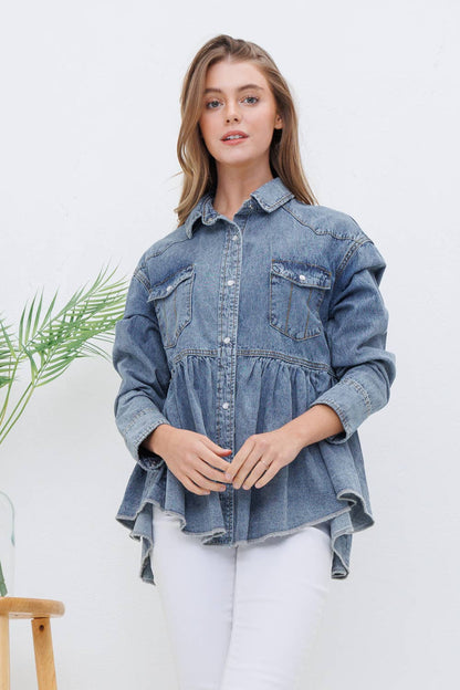 Washed Chambray Western Yoke Snap Open Peplum Top