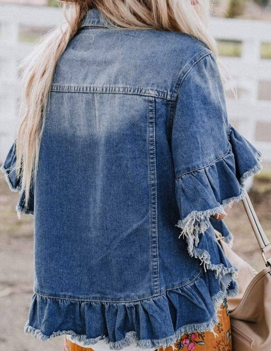 Raw Edge Ruffled Short Sleeve Denim Jacket