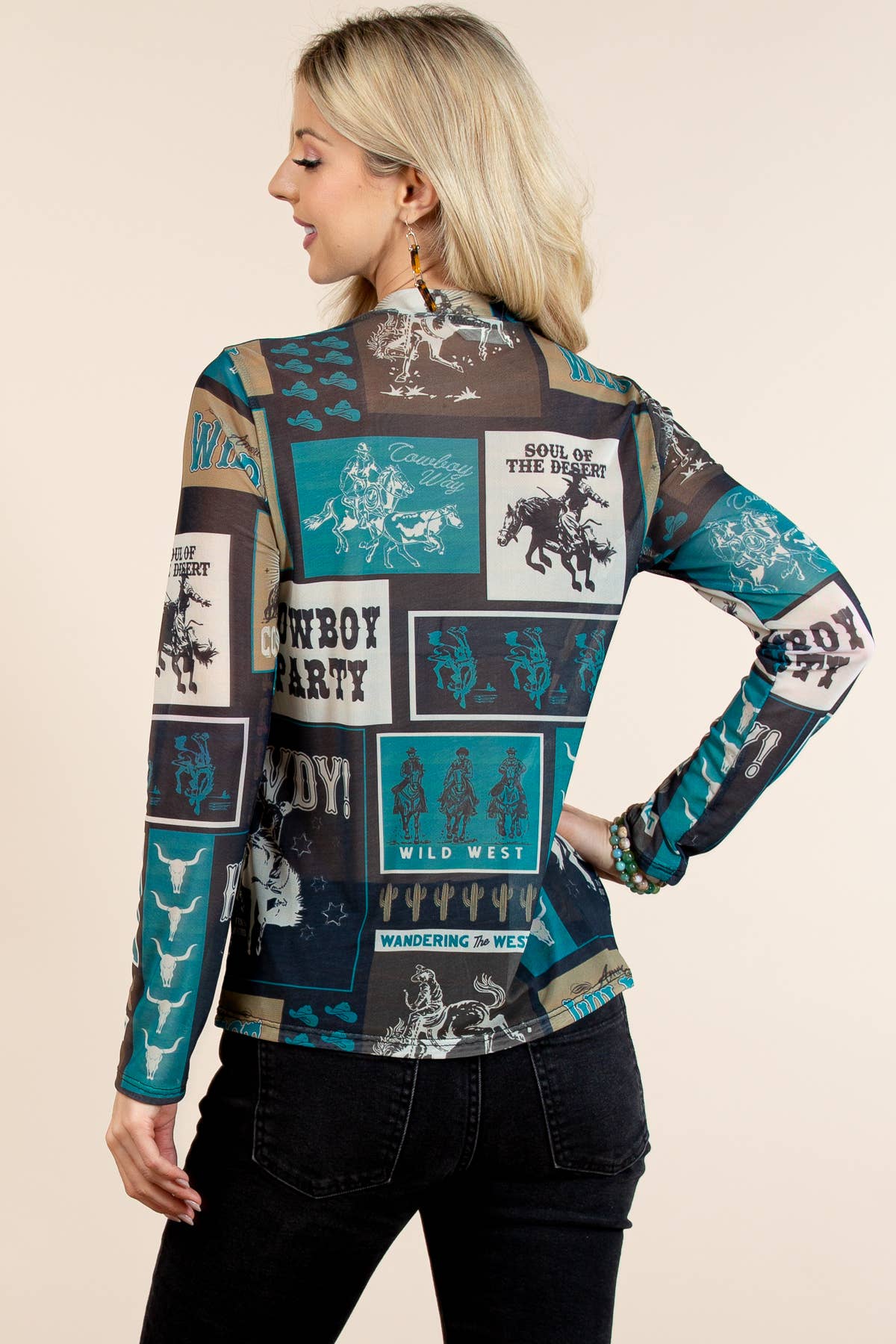 Teal Cowboy Party Mesh Print Mock Neck