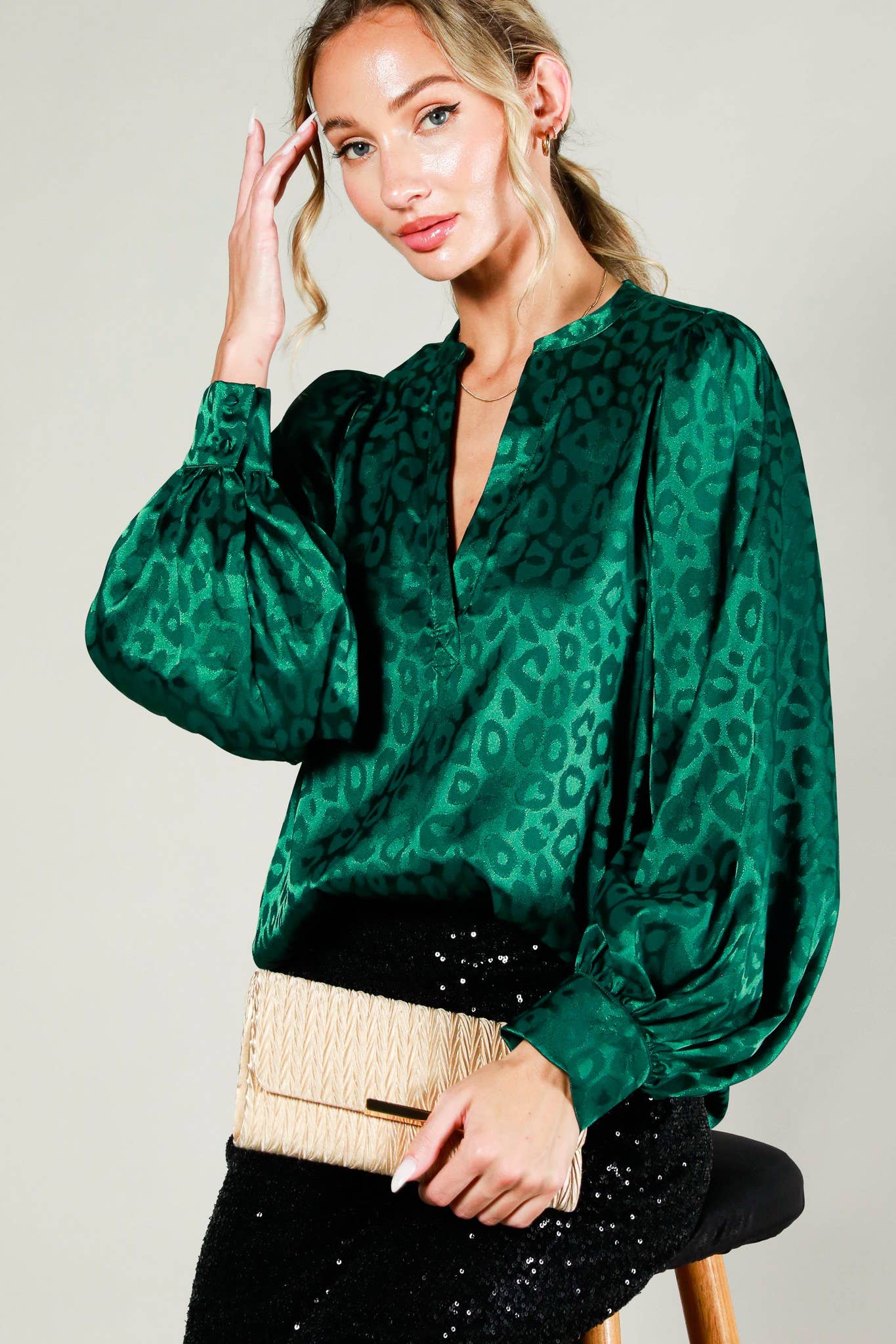 Henley Neck Balloon Sleeve Satin Top