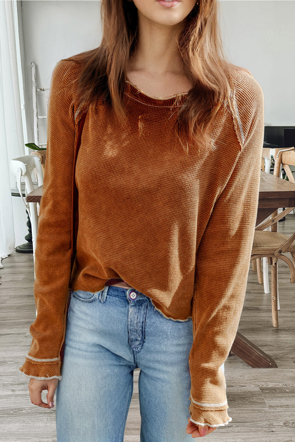 Textured Round Neck Long Sleeve Top