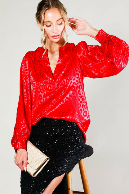 Henley Neck Balloon Sleeve Satin Top