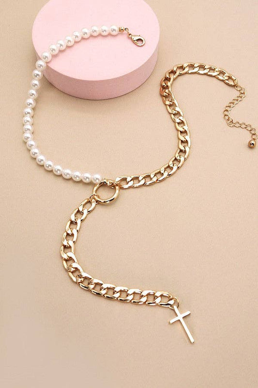 Y CROSS DROP HALF PEARL GOLD NECKLACE