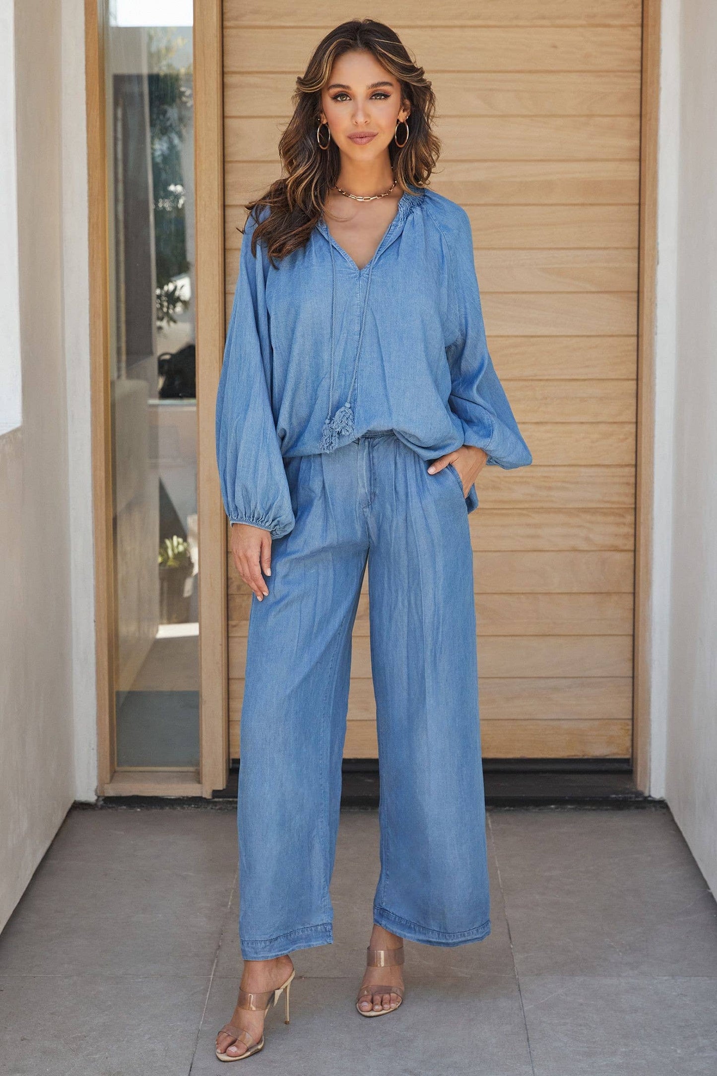 TENCEL TROUSERS WIDE LEG CHAMBRAY PANTS