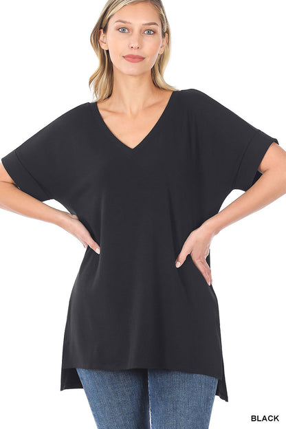 ROLLED SHORT SLEEVE SIDE SLIT HI-LOW HEM TOP