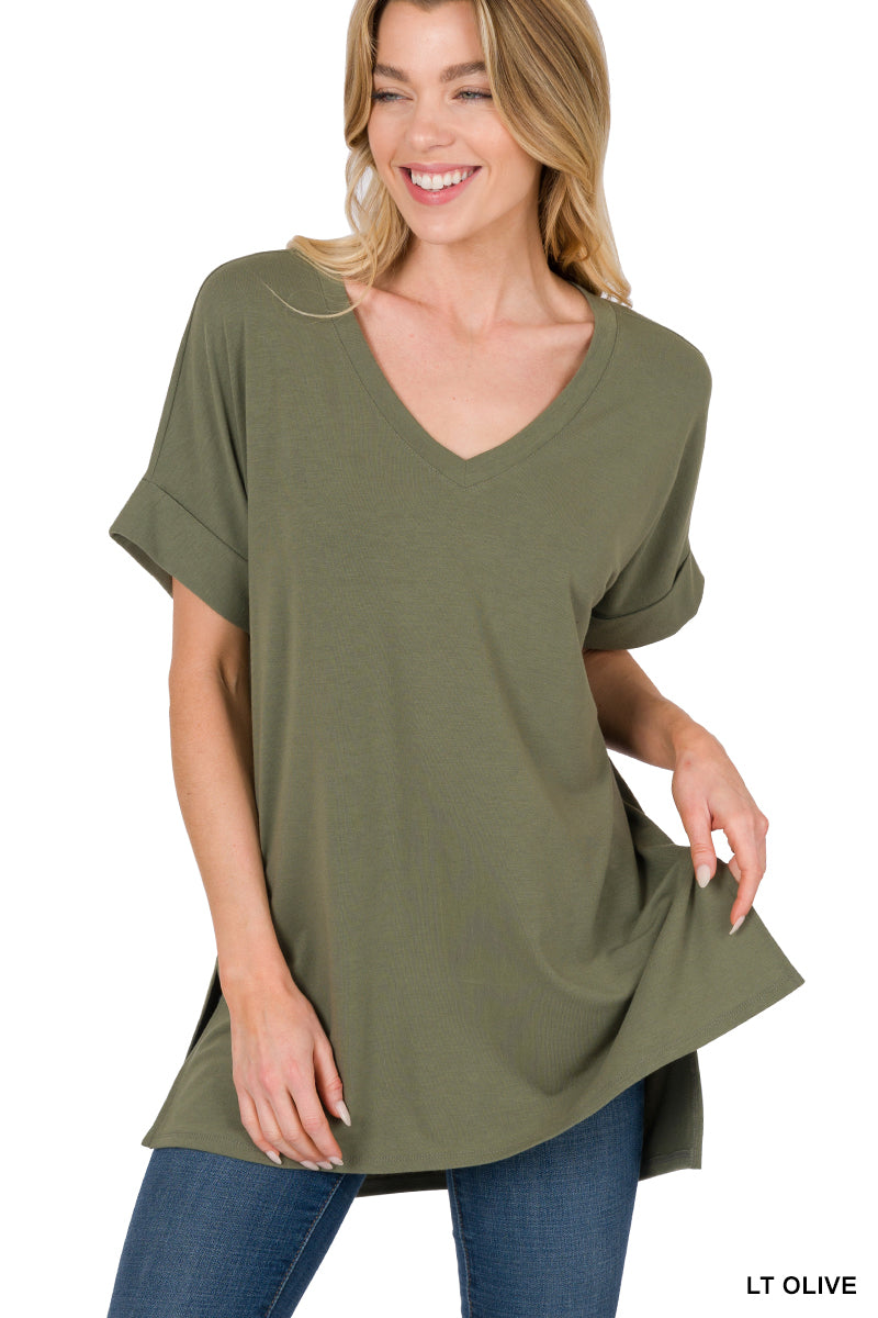 ROLLED SHORT SLEEVE SIDE SLIT HI-LOW HEM TOP