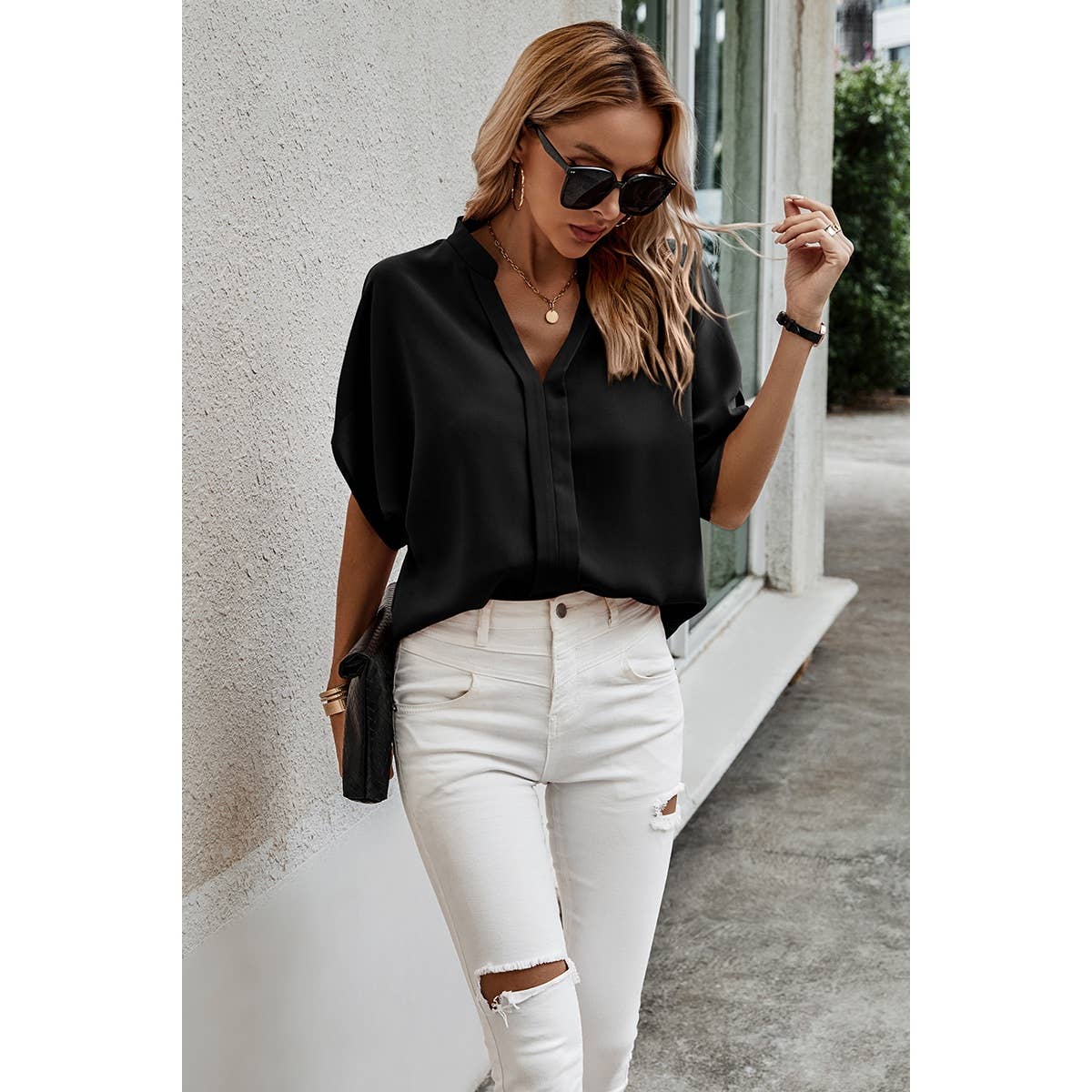 V Neck Solid Loose Fit Half Sleeve Blouse