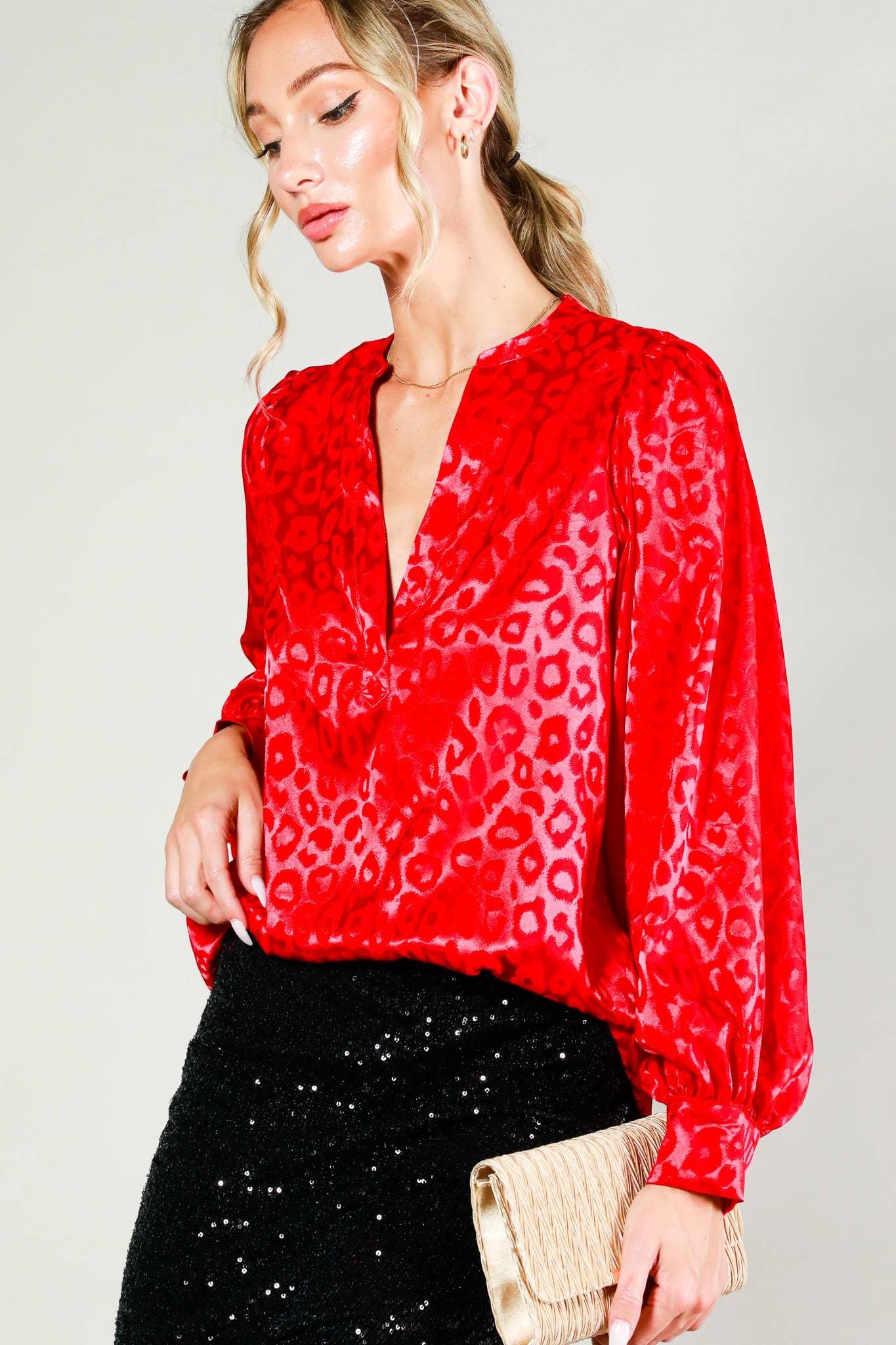 Henley Neck Balloon Sleeve Satin Top