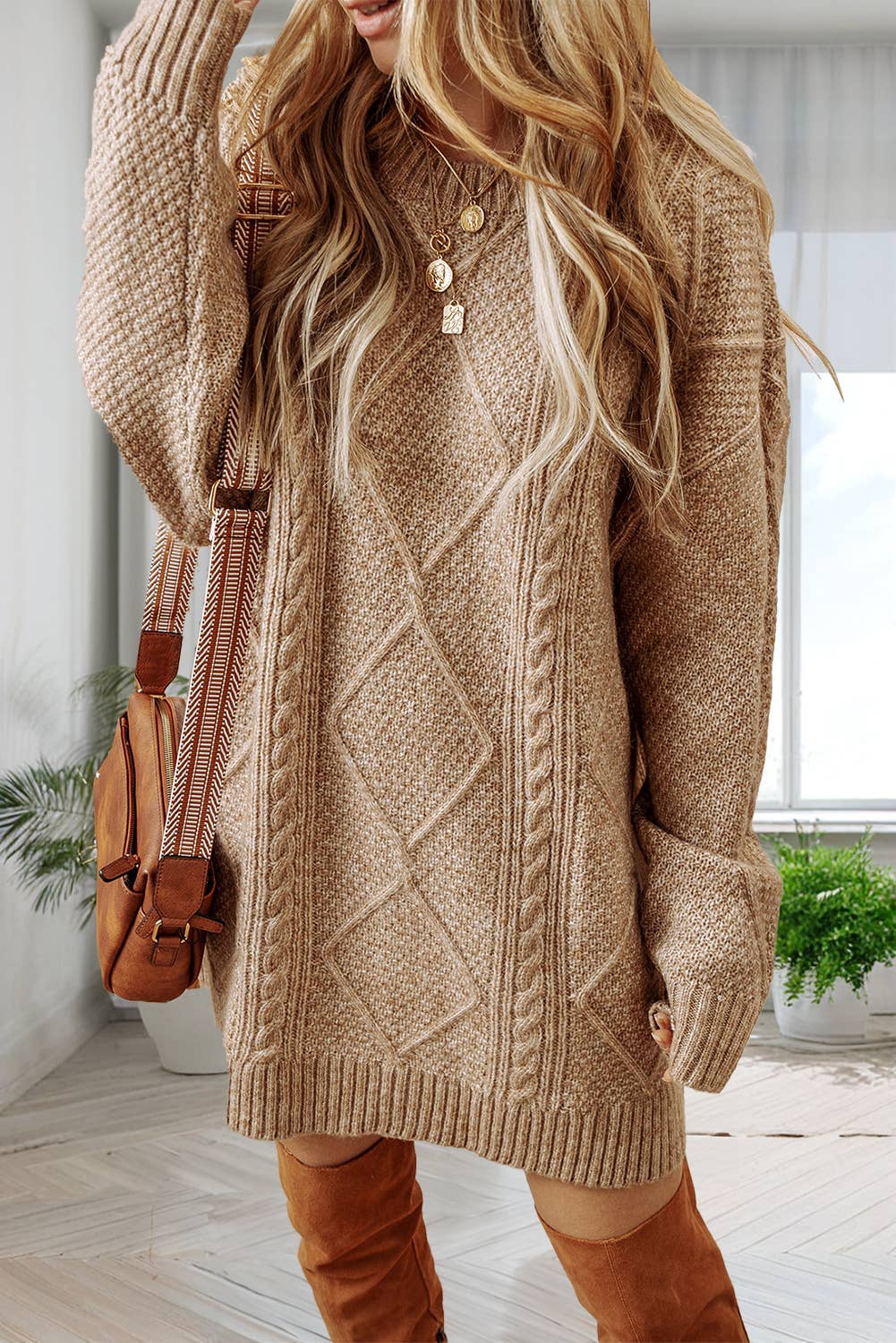 Cable Knit Drop Shoulder Loose Fit Sweater Dress