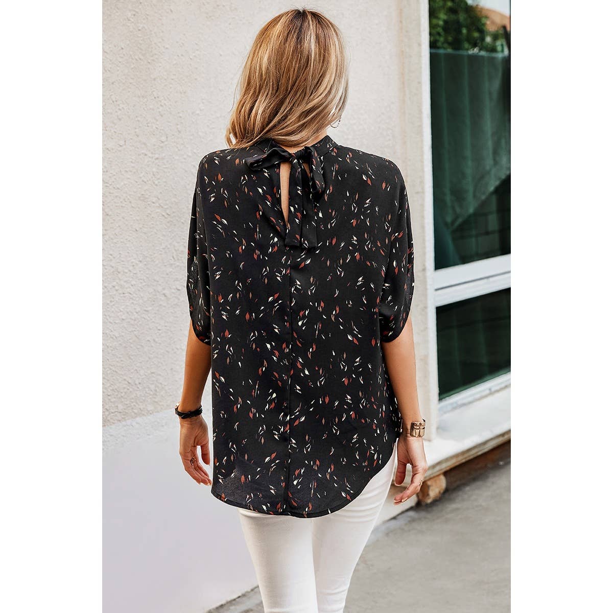 Leopard Open Back Knot Drop Shoulder Loose Fit Top