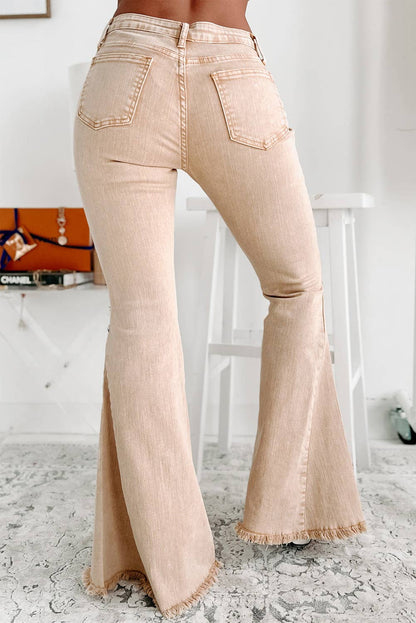 Khaki Raw Edge Flared Jeans