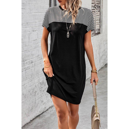 Strip Round Neck Loose Fit Shirt Midi Dress