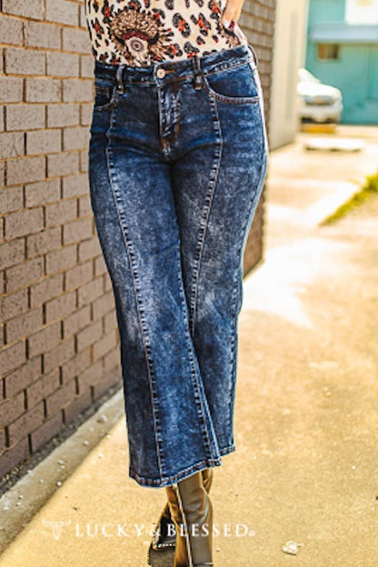 Dark Wash Tummy Control Crease Crop Flare Jeans