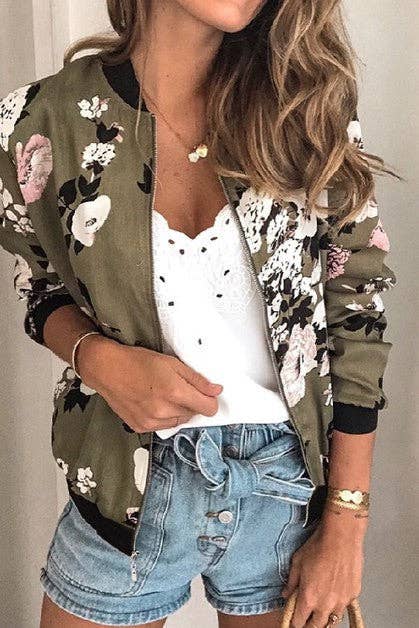 Floral Printed Zip Up Bomber Jacket