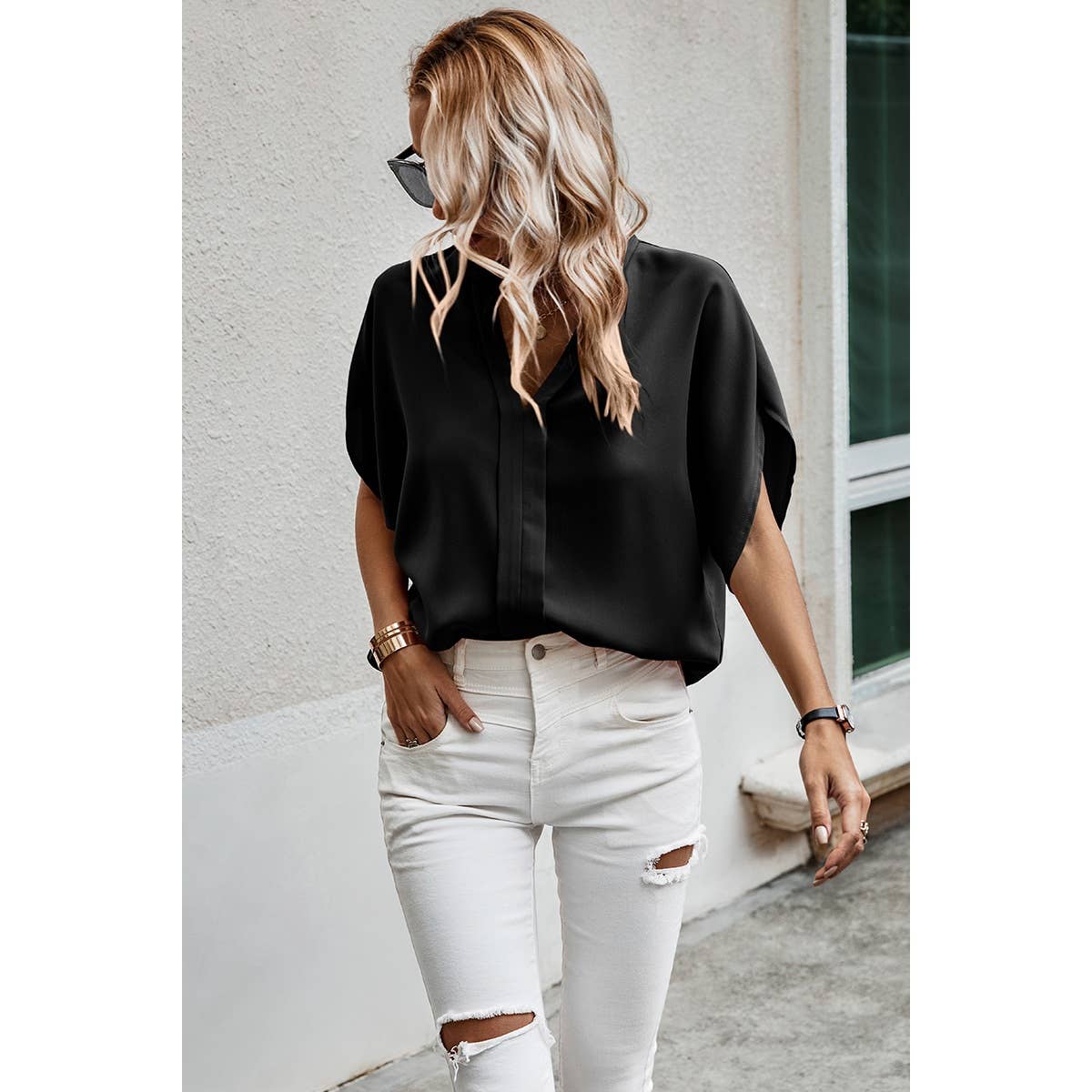 V Neck Solid Loose Fit Half Sleeve Blouse