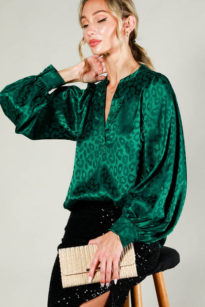 Henley Neck Balloon Sleeve Satin Top